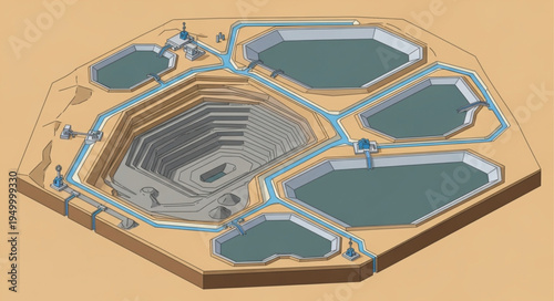 Aerial view of a large open pit mine and water reservoirs.