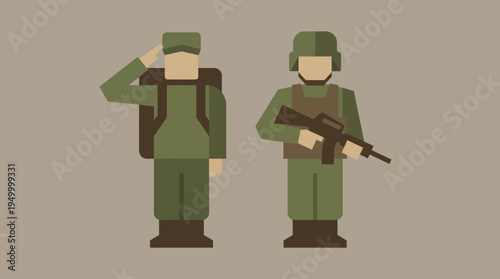 Two flat design soldiers in green uniforms, one saluting with a backpack, the other armed with a rifle and wearing a helmet and body armor.