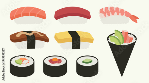 A collection of various types of Japanese sushi, including nigiri, maki rolls, and a temaki hand roll, presented in a flat vector illustration style.
