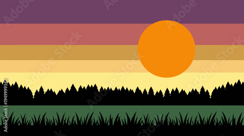 A vibrant striped sunset or sunrise over a silhouetted forest and grassy foreground, with a large orange sun.