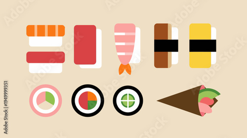 A collection of various minimalist flat design sushi and sashimi pieces, including nigiri, maki rolls, and a temaki, presented on a light background.