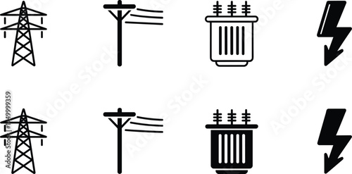 Electric power tower utility pole transformer and lightning bolt icon set, electricity energy grid outline and solid vector icons
