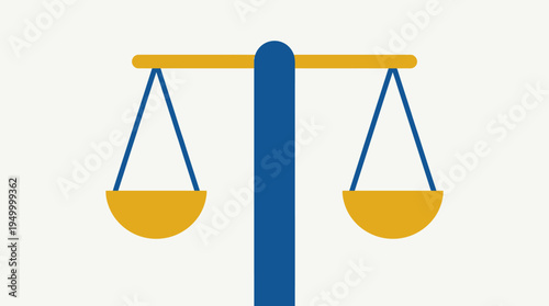 A simple graphic illustration of a perfectly balanced blue and yellow justice scale on a plain background.