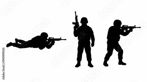 Silhouettes of three soldiers in various combat poses with assault rifles on a white background, depicting military personnel.
