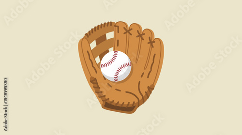 An illustration of a classic brown baseball glove holding a white baseball, set against a light, neutral background.