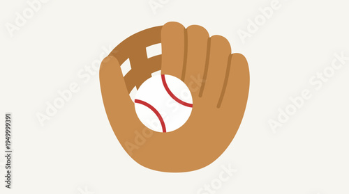 A simple, flat illustration of a brown baseball glove holding a white baseball with red stitching.