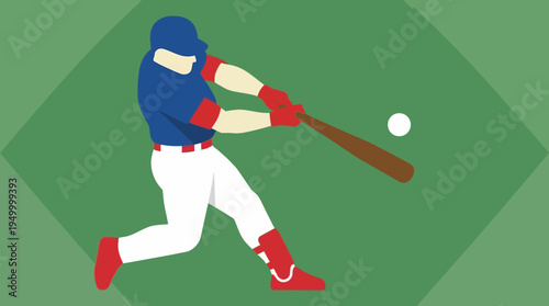 A flat vector illustration of a baseball player in a blue jersey and white pants swinging a bat and hitting a white baseball on a green field.