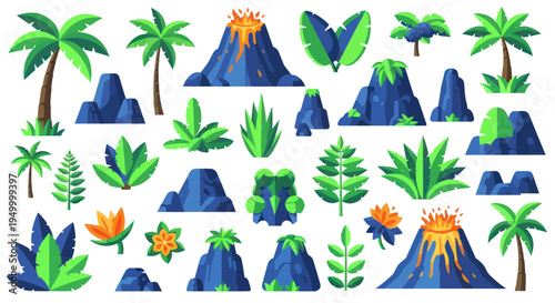 Volcanoes and Tropical Plants Set, Lava Eruptions, Palm Trees, Exotic Flora