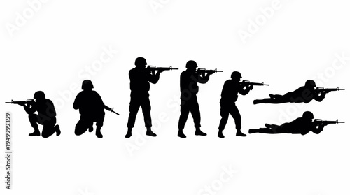 Silhouettes of soldiers in various combat positions, including crouching, kneeling, standing, and prone, holding rifles on a white background.