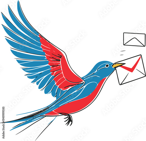 Bold line art illustration of a bird flying while carrying a tiny envelope, colorful minimal communication concept, thick vector lines, white background 2