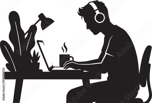 A black silhouette of a young man working on a laptop while wearing headphones at a tidy desk Vector, illustration