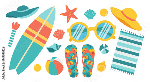 Summer Beach Vacation Essentials Collection: Surfboard, Sunglasses, Hat, Flip-flops, Towel