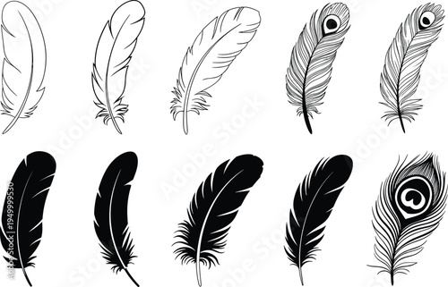 Feather and peacock feather icon set with outline and silhouette bird plumage collection for nature, decoration, tribal and vintage design