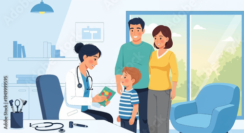 Family consulting doctor in office with child parents receiving medical advice