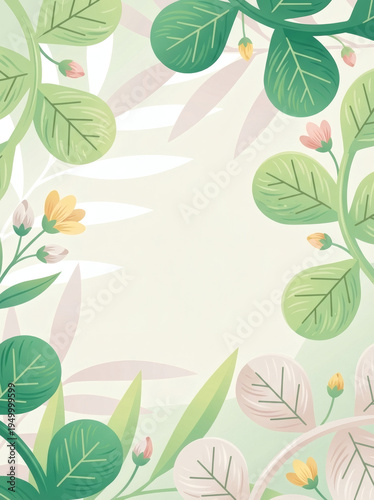 Botanical background with Soft Green Leaves and Flowers. Nature Illustration with Copy Space.