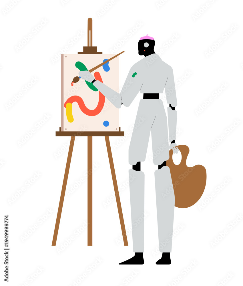 Fototapeta premium Humanoid robot painting on an easel in an art studio. Concept of artificial intelligence creativity, technology and art collaboration, and the future of digital innovation. 
