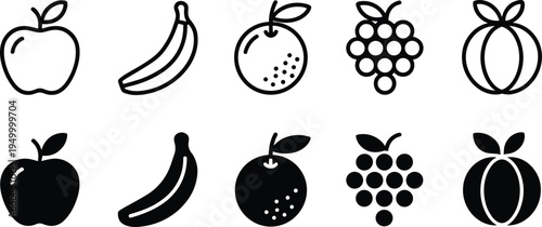 Fruit solid and outline icon set with apple banana orange grapes and peach, fresh healthy food vector icons collection