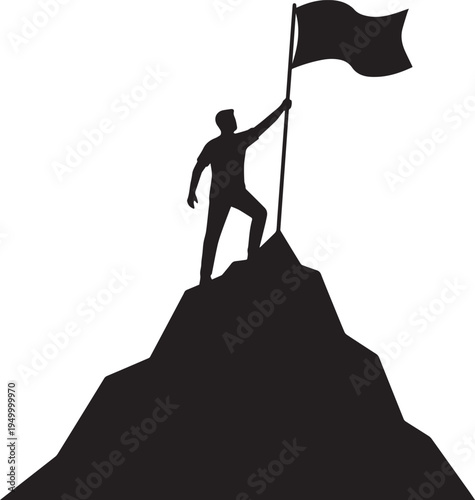 Fotografie A silhouette of a successful person standing on a mountain peak while holding a