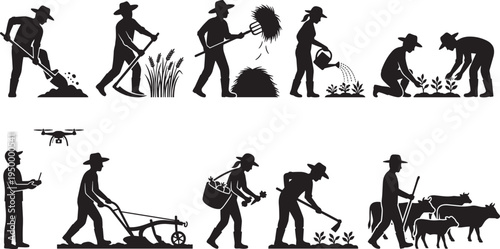 Farmer agriculture activity silhouette icon set, farming work planting harvesting watering drone livestock rural field vector collection