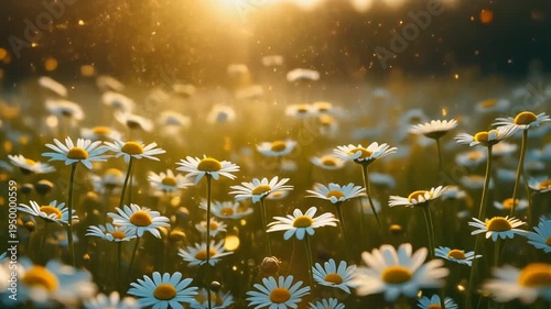 Daisy floral field with white daisies at sunset. Chamomile meadow in summer. Beautiful flowers, natural wildflowers. Camera moving through chamomiles. Medicinal, curative herbs and plants concept