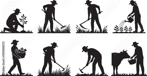 Farmer agriculture activities silhouettes set, planting watering harvesting hoeing livestock rural farming vector illustration collection