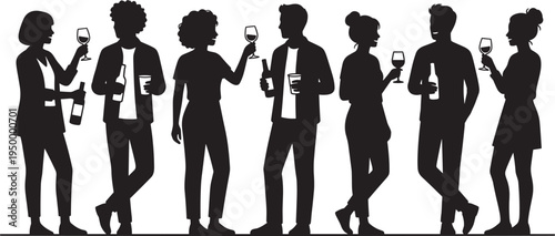Friends drinking wine and beer at party, people socializing silhouette set, nightlife celebration gathering vector isolated characters