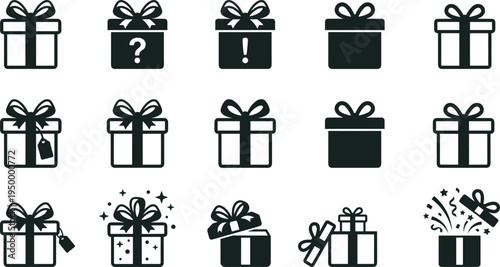 Gift box present icon set, wrapped birthday surprise package collection, ribbon bow celebration vector symbols isolated