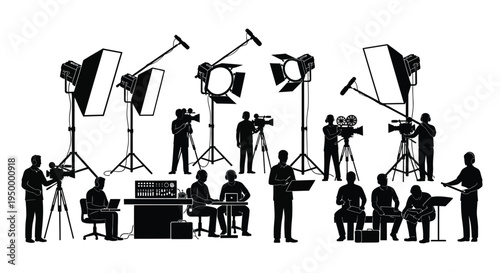 A professional film production crew operating lighting equipment and cameras on a busy movie set