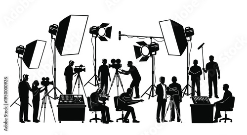 Black silhouette illustration of a professional film production crew working on a movie set