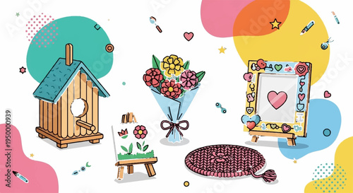 Whimsical still life with birdhouse flowers cake rug and heart decor on colorful background