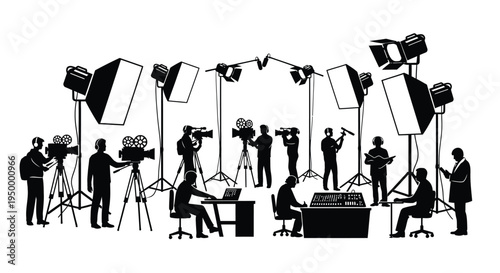 Professional film production crew working on a set with studio cameras and lighting equipment setup