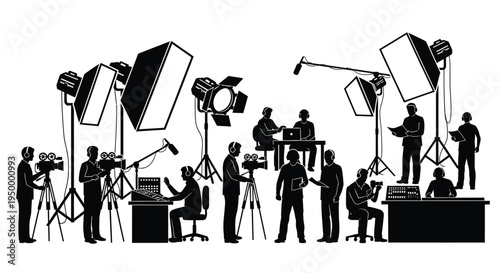 Black silhouette illustration of a professional film production crew working on a busy movie set