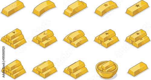 Gold bar icons set, shiny bullion ingot stacks treasure wealth finance investment vector collection isolated