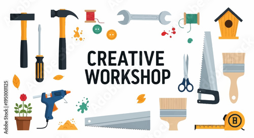 Creative workshop tools and supplies for diy projects and crafting with various equipment and materials