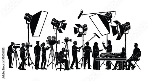 A silhouette collection of professional film production crew members working on a television set