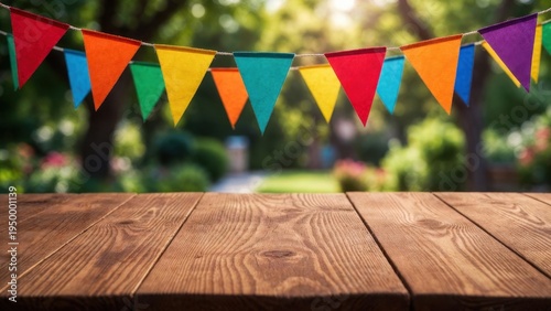 Colorful flags hang above a wooden table. Nature shines softly behind the festive display. The scene invites celebration or outdoor gatherings