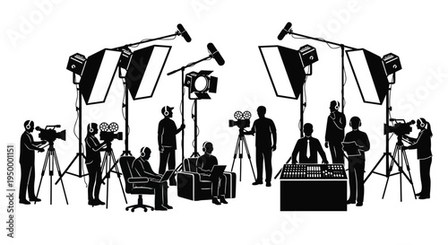 Professional film production crew working on a set with cameras lighting equipment and sound gear
