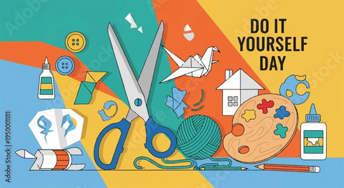 Colorful diy craft tools and supplies on vibrant background for creative projects and handmade hobbies