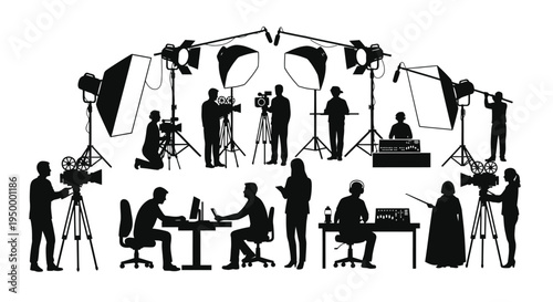 Professional film production crew working on a set with cameras lighting equipment and sound gear