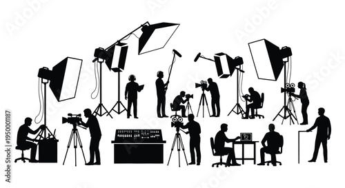 A silhouette collection of professional film crew members and production equipment in a studio