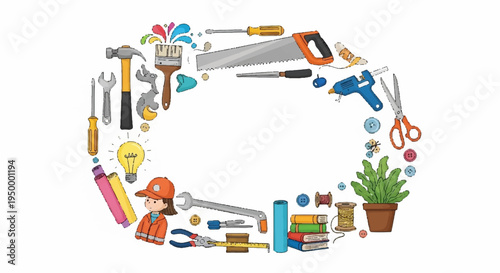 Creative diy tools and objects forming a circle on white background for crafting and home improvement concepts