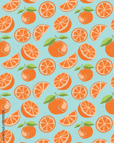 Vibrant seamless vector pattern featuring fresh oranges, halves, and juicy slices scattered on a light blue background. This hand-drawn citrus illustration creates a refreshing summer vibe. 