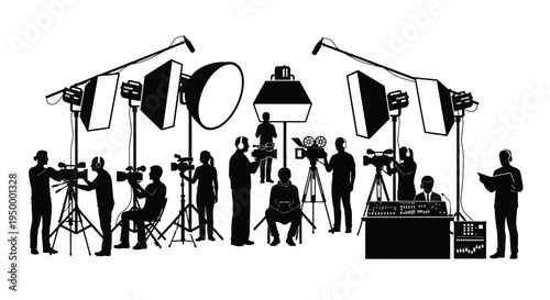 A professional television or film production crew working on a video set with lighting equipment