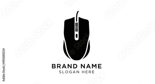 Black computer mouse icon with brand name and slogan.