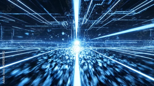 Abstract blue light trails converge in a bright, starburst-like center point