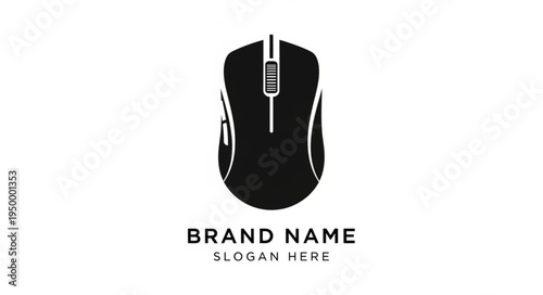 Black computer mouse icon with brand name and slogan.