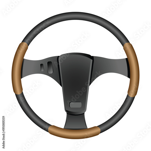 Professional Black and Brown Leather Car Steering Wheel Vector Illustration Isolated on White Background