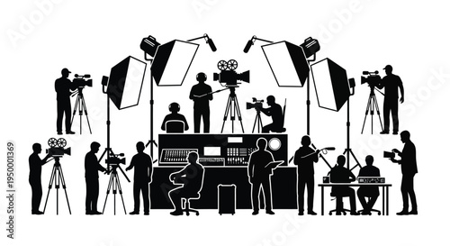 A silhouette collection of professional film production crew operating cameras and studio equipment