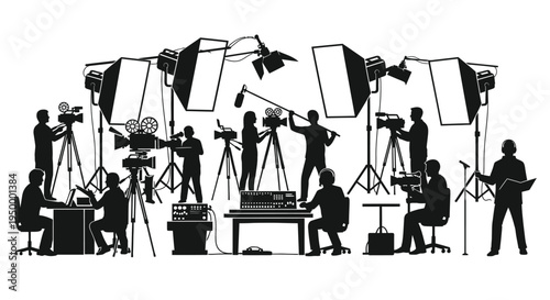 Black silhouette illustration of a professional film and television production crew on a studio set