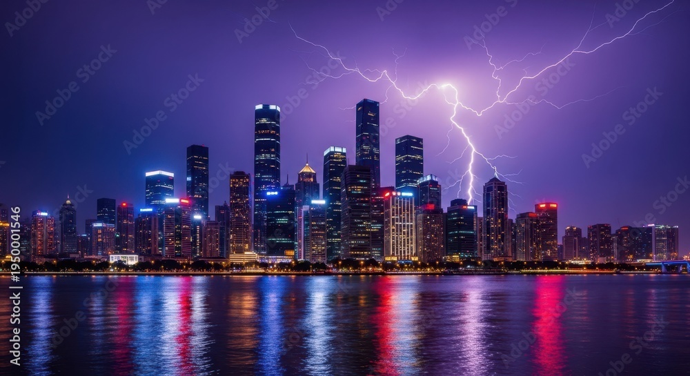 Obraz premium Dramatic lightning strikes illuminate a modern city skyline reflected in the water at night